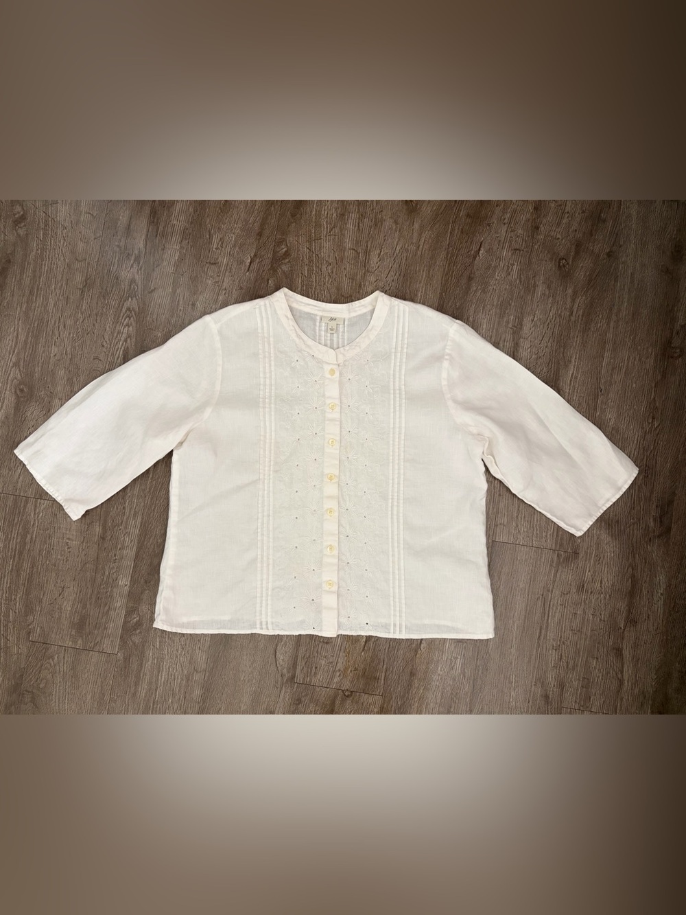 J.Jill Pure White Linen Embroidered Pintuck Blouse Coastal Grandma Cottagecore S